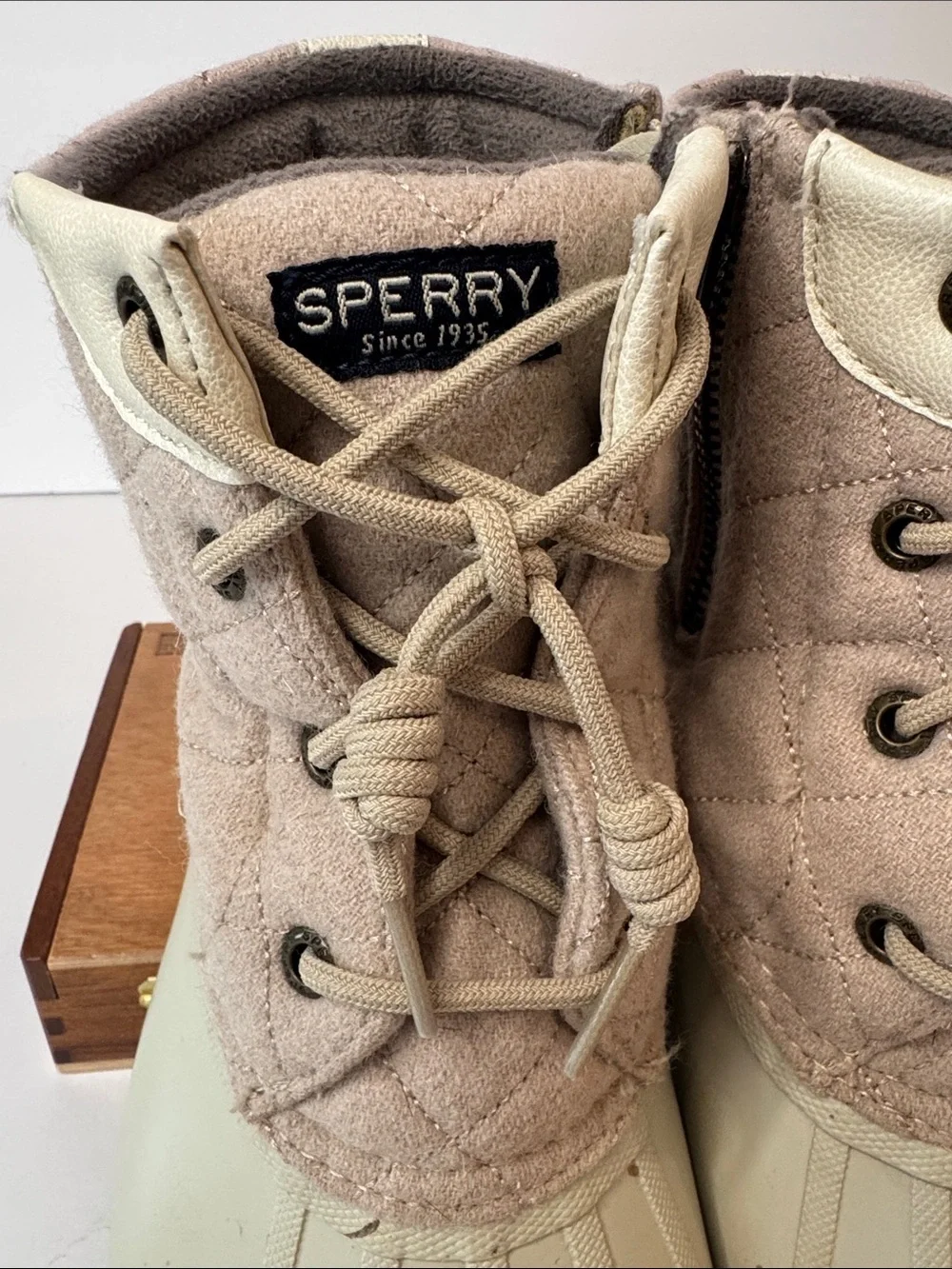 Sperry Duck Boots Quilted Wool Lace-Up Side Zip Waterproof Boots, Tan & Cream